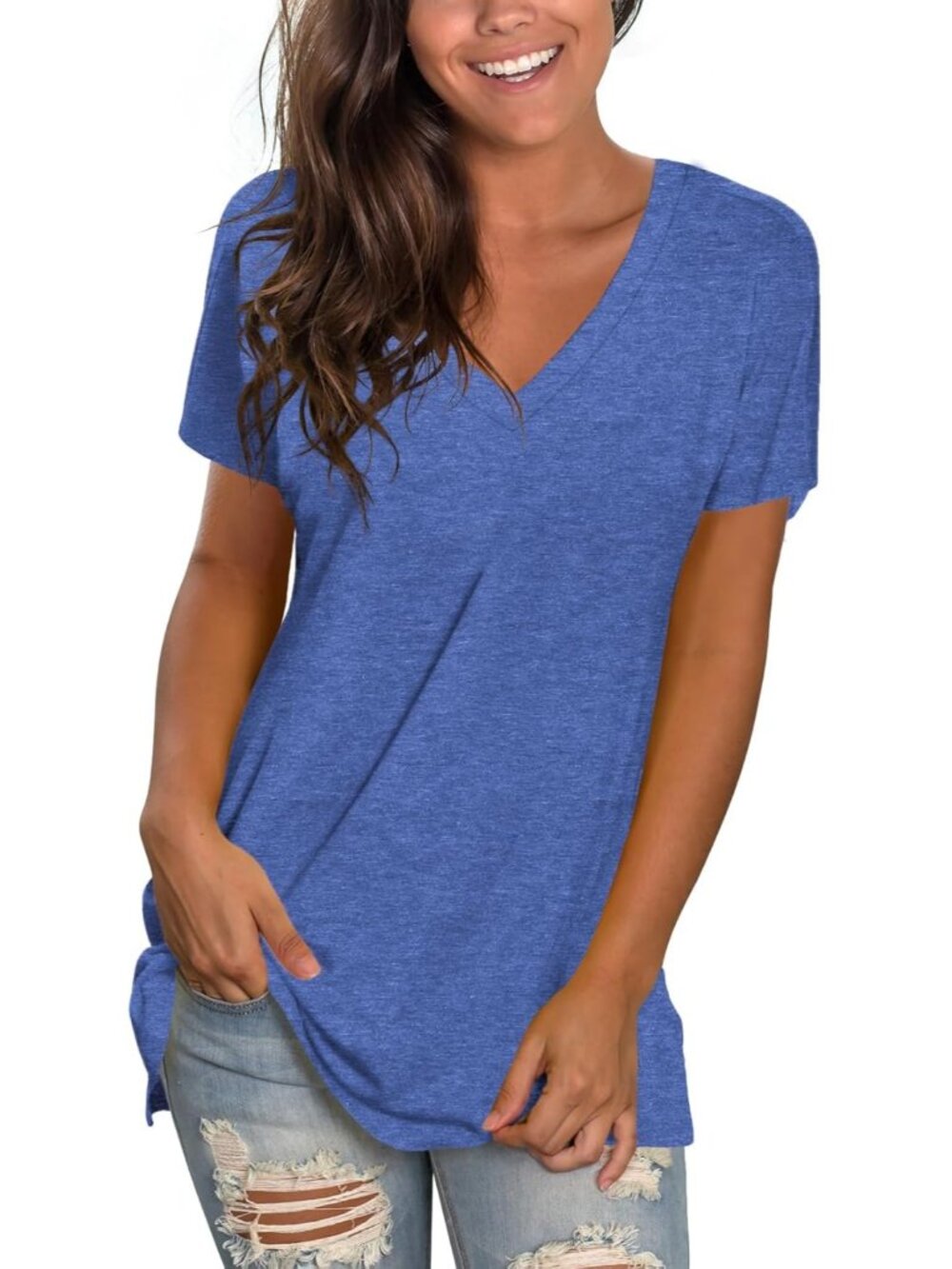 〽️Women Light Blue V Neck Tee Loose Fitting Casual Short Sleeve Tops T Shirt